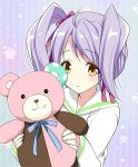  1girl blush brown_eyes kumamakura_kurumi musaigen_no_phantom_world purple_hair roxq smile solo teddy_bear twintails 