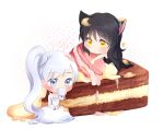  2girls black_hair blake_belladonna cake chibi food multiple_girls pixiv_manga_sample rwby sian_(tldkd1221) weiss_schnee white_hair 