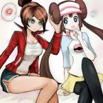  2girls artist_request asahina_aoi blue_eyes brown_hair crossover dangan_ronpa dark_skin doughnut female food hair_ornament mei_(pokemon) multiple_girls pokemon shorts spoken_food sportswear tagme yuri 