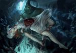  1boy 1girl carrying closed_eyes league_of_legends monster_boy princess_carry rinrindaishi riven_(league_of_legends) sword underwater white_hair zac 