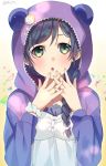  1girl animal_ears blush braids female green_eyes hood hoodie long_hair love_live!_school_idol_project miu91_(miu91_) nail_polish purple_hair toujou_nozomi 