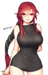  1girl bare_shoulders breasts curvy large_breasts league_of_legends long_hair looking_at_viewer red_eyes redhead shyvana smile solo standing sweater wide_hips 