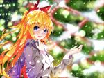  1girl akari_ajisai aliasing blonde_hair blue_eyes bow christmas female headband kirisaki_chitoge nisekoi scarf snow tree winter 