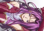  1girl angry armpits arms_up bare_shoulders blue_eyes blush breast_squeeze breasts code_geass cornelia_li_britannia detached_collar elbow_gloves gloves highres kyabakurabakufu large_breasts long_hair looking_at_viewer lying on_back purple_hair raised_eyebrows solo upper_body 