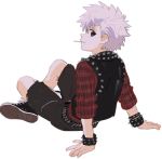  1boy brit child from_behind hunter_x_hunter killua_zoldyck male_focus simple_background sitting solo white_background 