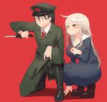  1boy 1girl arm_support black_hair boots breasts cross facepaint harau hat jewelry knife large_breasts long_hair military military_uniform necklace necktie nun original red_eyes short_hair simple_background smile squatting uniform weapon white_hair 