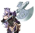  1girl armor axe breasts camilla_(fire_emblem_if) cleavage fire_emblem fire_emblem_if hair_over_one_eye looking_at_viewer nintendo perspective purple_hair ra1 smile solo tiara weapon 