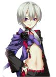  1boy androgynous artist_request ash_(closers) closers eyeliner grey_hair handheld_game_console makeup male_focus midriff navel official_art playstation_portable smile solo tagme violet_eyes 