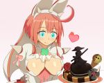  1girl ahoge animal_ears aqua_eyes arc_system_works artist_request breasts bridal_veil cameo chocolate cleavage clover dress elphelt_valentine four-leaf_clover guilty_gear guilty_gear_xrd heart johnny_(guilty_gear) large_breasts licking_lips pink_hair rabbit_ears ribbon shiny shiny_skin short_hair solo spikes tongue tongue_out valentine veil 