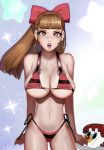  1girl adapted_costume bikini blossom_(ppg) bow breasts brown_hair cartoon_network cleavage hair_bow hair_ribbon large_breasts long_hair looking_at_viewer navel older open_mouth powerpuff_girls red_eyes ribbon solo stomach swimsuit villagerandy_rand 