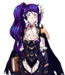  1girl alternate_costume alternate_hairstyle fire_emblem fire_emblem_if my_unit_(fire_emblem_if) purple_hair red_eyes side_ponytail solo tattoo verifying 