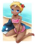  00s 1girl bare_shoulders barefoot beach bikini blonde_hair blue_eyes blush chat dark_skin earrings flat_chest flower jewelry midriff navel ocean short_hair smile swimsuit tales_of_(series) tales_of_eternia water 