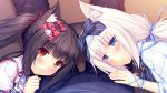  1boy 2girls animal_ears blue_eyes brown_hair cat_ears chocola_(sayori) game_cg long_hair multiple_girls nekopara sandwiched sayori smile vanilla_(sayori) 