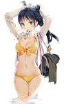  1girl 2016 anmi black_hair blue_eyes blush breasts cleavage long_hair looking_at_viewer navel ponytail simple_background solo standing swimsuit wet 