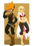  1boy 1girl barefoot black_clothes blonde_hair boots bra cape cosplay costume_switch cra dark_skin eva evangelyne fingerless_gloves flat_color freckles gloves green_eyes iop looking_at_viewer navel orange_hair pointy_ears rubilax simple_background sword tattoos tristepin_percedal underwear wakfu 