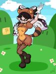  +_+ 1girl animal_ears aori_(splatoon) boots breasts clouds dullvivid fangs gloves mole mole_under_eye nintendo pantyhose raccoon_ears raccoon_tail splatoon tail tanuki tentacle_hair tights white_gloves wink yellow_eyes 