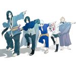  1girl 3boys amputee barefoot black_hair cloak glasses hozuki_suigetsu juugo karin_(naruto) meitarou multiple_boys naruto naruto_gaiden orochimaru pale_skin pointing pose sandals short_shorts shorts uchiha_sasuke 