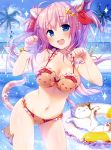  1girl animal_ears bikini blue_eyes blush breasts cat_ears cat_tail cleavage fangs kino_(kino_konomi) large_breasts long_hair looking_at_viewer navel open_mouth pink_hair smile solo swimsuit tail wet 