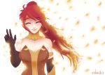  1girl armor bare_shoulders black_gloves breastplate breasts cleavage disintegration elbow gloves headpiece looking_at_viewer ponytail pyrrha_nikos redhead rwby simple_background smile solo spoilers tears very_long_hair waving white_background 