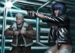  1boy 1girl batou ghost_in_the_shell ghost_in_the_shell_stand_alone_complex gun handgun jacket kusanagi_motoko leotard thigh-highs wasabi60 weapon 