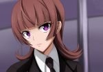  1girl active_raid brown_hair kazari_asami lips long_hair necktie sho-chan solo suit violet_eyes 
