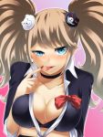  1girl artist_request blonde_hair blue_eyes breasts brown_hair cleavage collar dangan_ronpa enoshima_junko large_breasts long_hair looking_at_viewer monokuma simple_background smile solo tied_hair tongue tongue_out twintails upper_body 