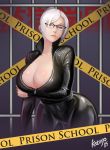  1girl bodysuit breasts cleavage glasses huge_breasts katoyo85 large_breasts latex prison_school shiraki_meiko short_hair silver_hair skin_tight solo zipper 