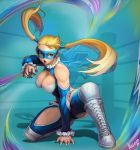  1girl bare_shoulders blonde_haie blonde_hair blue_eyes boots breasts cleavage katoyo85 knee_pads large_breasts leotard long_hair mask muscle rainbow_mika solo street_fighter street_fighter_v twintails wrestling_outfit wrestling_ring 