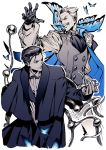  2boys black_hair butterfly facial_hair fate/grand_order fate_(series) formal james_moriarty_(fate/grand_order) komo_(sleepy) male_focus monochrome multiple_boys mustache open_mouth sherlock_holmes_(fate/grand_order) short_hair simple_background smile suit white_hair 