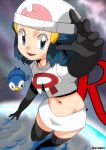  1girl blue_eyes blue_hair female hainchu happy hikari_(pokemon) looking_at_viewer navel nintendo piplup pokemon smile solo team_rocket_(cosplay) 