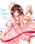  1boy 1girl 90s ahoge an_liel blush brown_eyes brown_hair card_captor_sakura choker dress fuuin_no_tsue hair_ornament heart kinomoto_sakura_(cosplay) kyle_dunamis magical_girl monochrome reala short_hair smile staff tales_of_(series) tales_of_destiny_2 weapon 