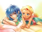  00s 1boy 1girl bare_shoulders belt blonde_hair blue_eyes blue_hair blush chat dark_skin keele_zeibel long_hair lying open_mouth short_hair shorts tales_of_(series) tales_of_eternia 