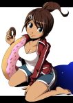  1girl artist_request asahina_aoi barefoot blue_eyes breasts brown_hair cleavage clothes dangan_ronpa dark_skin doughnut food full_body hair_ornament long_hair looking_at_viewer simple_background sitting smile solo sportswear 