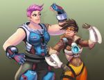  2girls brown_hair faebelina flexing goggles multiple_girls overwatch pink_hair popped_collar pose scar sleeveless smile spiky_hair tracer_(overwatch) upper_body zarya_(overwatch) 