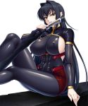  1girl annerose_vajra black_hair black_legwear bodysuit breasts erect_nipples female kagami_hirotaka koutetsu_no_majo_anneroze large_breasts long_hair looking_at_viewer pointy_ears red_skirt showgirl_skirt skin_tight skirt smile solo taimanin_asagi taimanin_asagi_battle_arena taut_clothes thigh-highs 