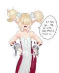  1boy bangs bare_shoulders blonde_hair blush chains collarbone disgaea dress english fang hair_over_eyes hands_on_hips male_healer_(disgaea) open_mouth pointy_ears simple_background sleeveless sleeveless_dress strapless strapless_dress trap twintails white_background 