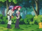  1boy 1girl animated animated_gif jumping kojirou_(pokemon) meowth musashi_(pokemon) pikachu pokemon pokemon_(anime) purple_hair redhead shuckle 