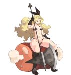 1girl abs amazon_(dragon&#039;s_crown) armor axe bikini bikini_armor blonde_hair boots breasts circlet cleavage dragon&#039;s_crown food meat navel sitting solo stomach swimsuit thick_thighs toned vins-mousseux weapon 