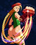  1girl ahoge ass beret blonde_hair blue_eyes braid cammy_white capcom hat kitsune23star leotard long_hair looking_at_viewer parted_lips solo street_fighter tattoo twin_braids 