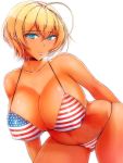  1girl american_flag_bikini bikini blonde_hair breasts female flag_print green_eyes highres ikiteru large_breasts looking_at_viewer mito_ikumi navel shokugeki_no_souma short_hair solo swimsuit 