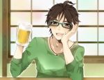  1boy active_raid ahoge alcohol beer black_hair blush glasses jewelry kuroki_takeru necklace open_mouth red_eyes scar short_hair 