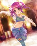  1girl aocchi brown_eyes dancing female hair_ornament long_hair navel open_mouth original purple_hair solo traditional_clothes twintails 