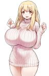 1girl 774_(nanashi) blonde_hair breasts character_request curvy gigantic_breasts huge_breasts long_hair looking_at_viewer open_mouth simple_background smile solo sweater wide_hips yellow_eyes 