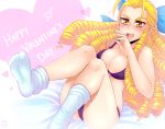  1girl antenna_hair blonde_hair blush bow bra breasts capcom cleavage drill_hair feet gloves hair_bow hair_slicked_back heart kanzuki_karin lace lace-trimmed_bra lace-trimmed_panties long_hair no_shoes open_mouth panties purple_bra purple_panties ringlets socks solo spewing_mews street_fighter text toes underwear underwear_only valentine yellow_eyes 