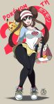  10s 1girl blue_eyes brown_hair double_bun full_body looking_at_viewer mei_(pokemon) pantyhose pikachu pokemon pokemon_(game) pokemon_bw2 revolverwingstudios shoes short_shorts shorts smile sneakers solo visor_cap 