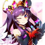  1girl bare_shoulders elbow_gloves gloves gradient_eyes hat lumiel_(p&amp;d) multicolored multicolored_eyes nagi_(pixiv2681325) one_eye_closed pixels purple_hair puzzle_&amp;_dragons smile star two_side_up violet_eyes wings yellow_eyes 