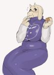  1girl breasts brown_eyes eating furry glasses goat huge_breasts milf pie plump simple_background sitting smile solo synecdoche thick_thighs toriel undertale white_background 