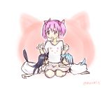  3girls akemi_homura animal_ears animalization blush kaname_madoka mahou_shoujo_madoka_magica miki_sayaka multiple_girls open_mouth pink_eyes ribbon simple_background skirt tail white_background 