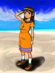  1girl bracelet brown_eyes brown_hair child dark_skin dress full_body headband jewelry long_hair outdoors pendant sandals sky solo standing taiyou_no_ko_esteban zia 