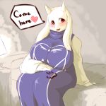  1girl artist_request breasts dress english female furry goat huge_breasts indoors milf red_eyes solo thick_thighs toriel undertale 
